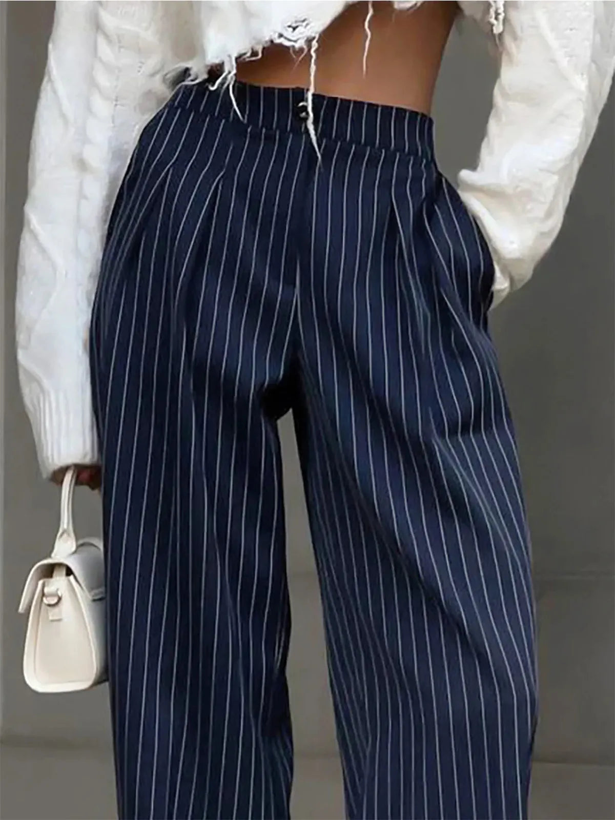 Pinstripe Pleated Tailored Wide-Leg Pants