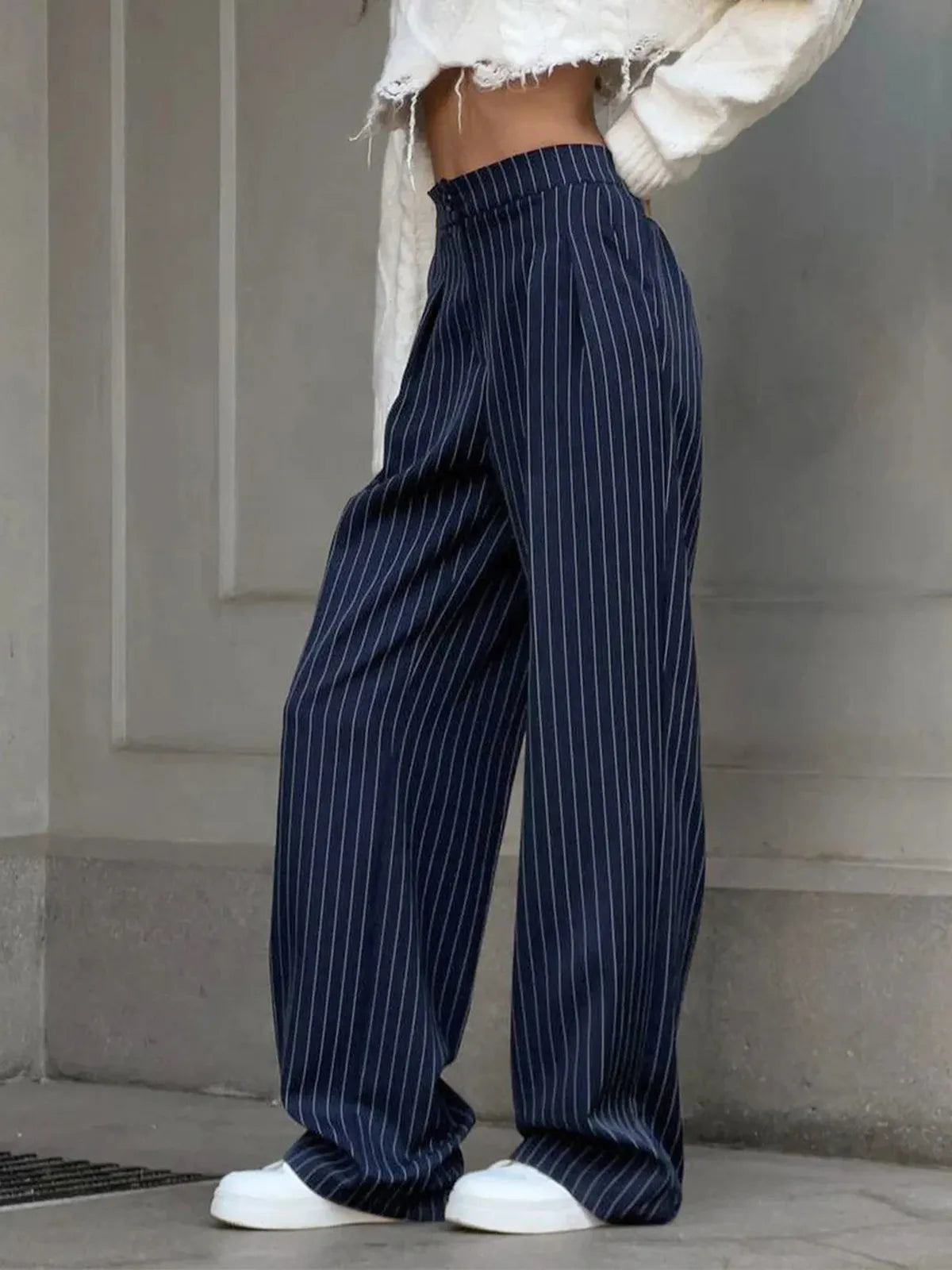 Pinstripe Pleated Tailored Wide-Leg Pants