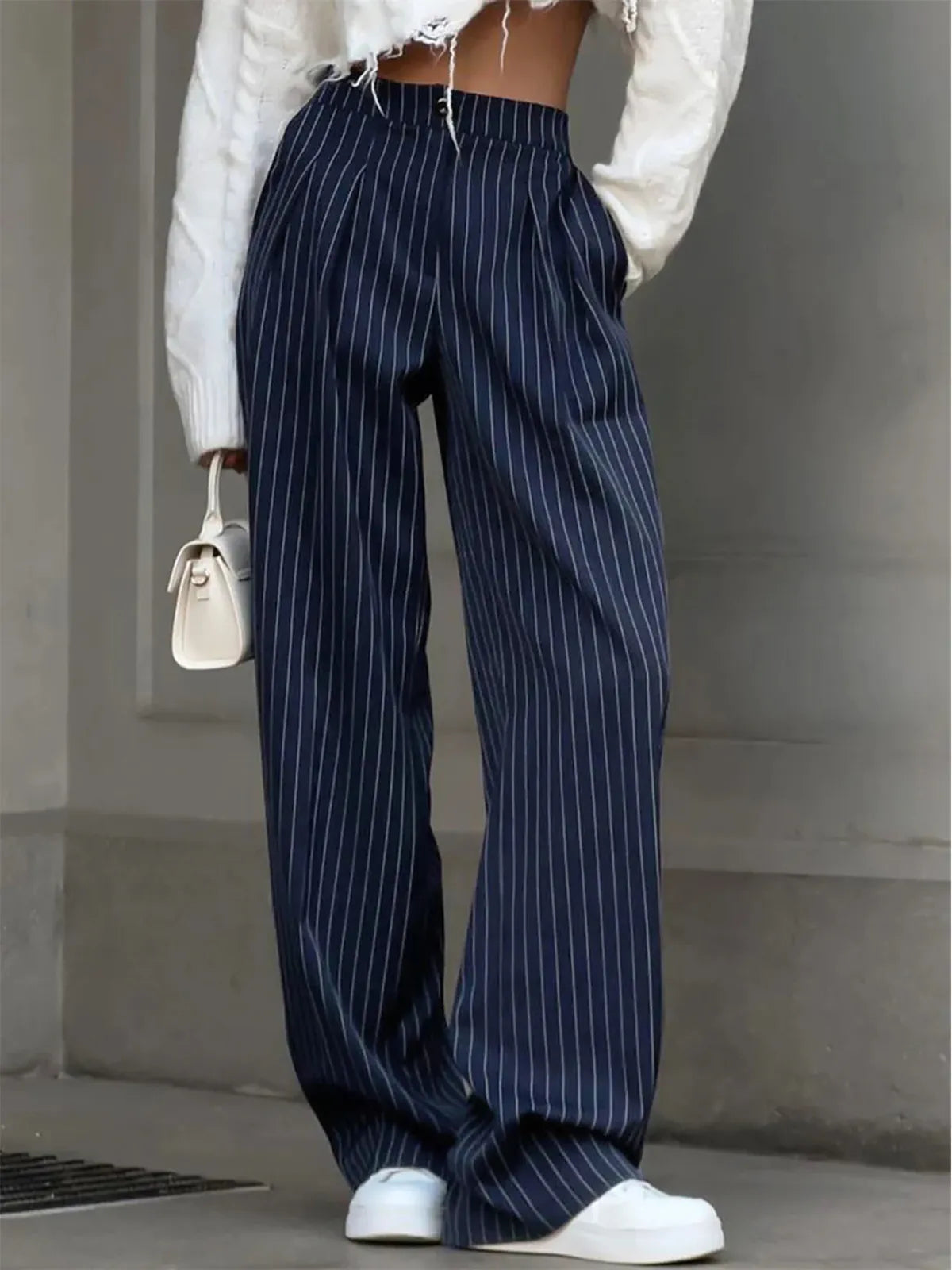 Pinstripe Pleated Tailored Wide-Leg Pants