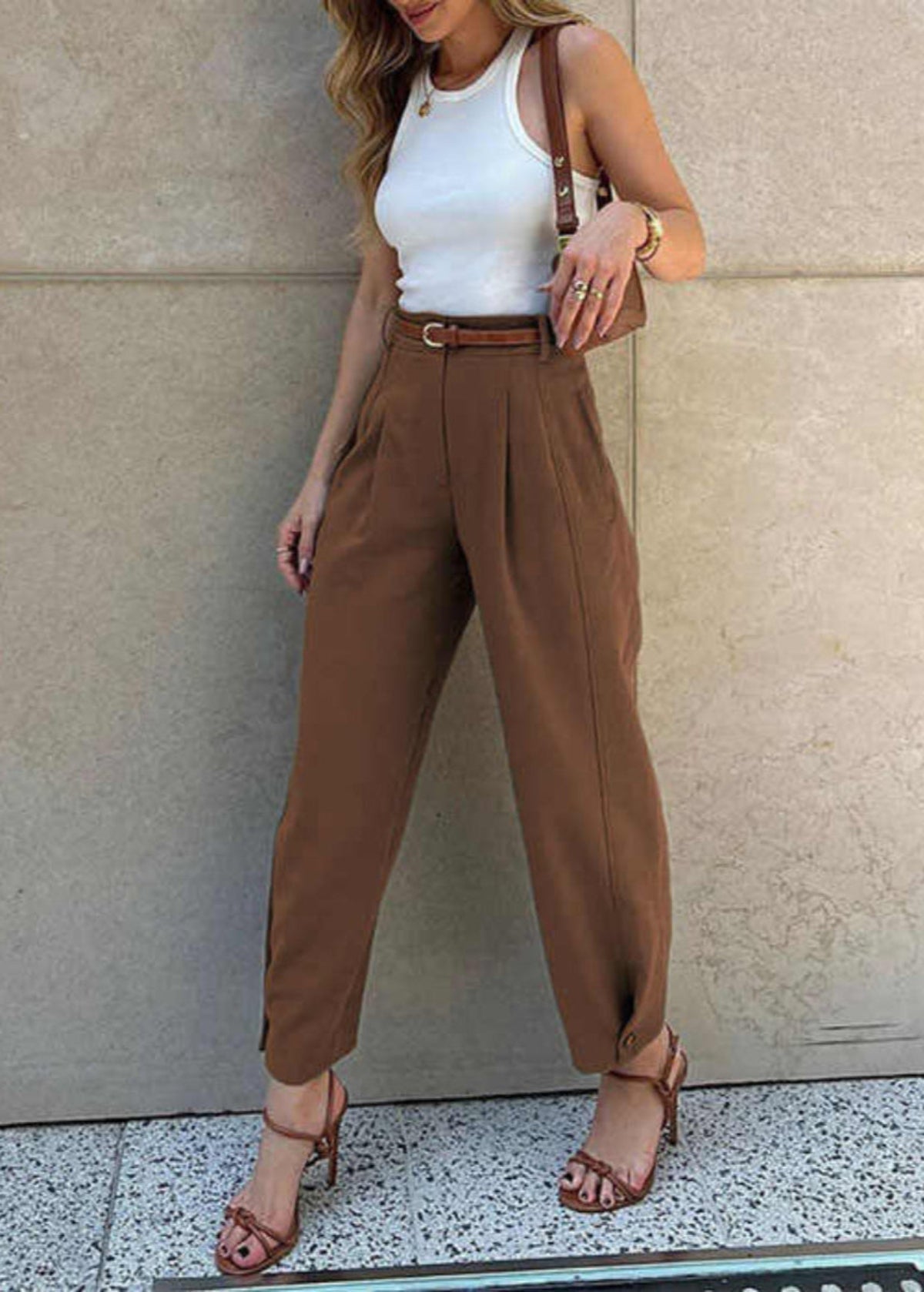 Pleated High Waist Buttoned Cropped Pants